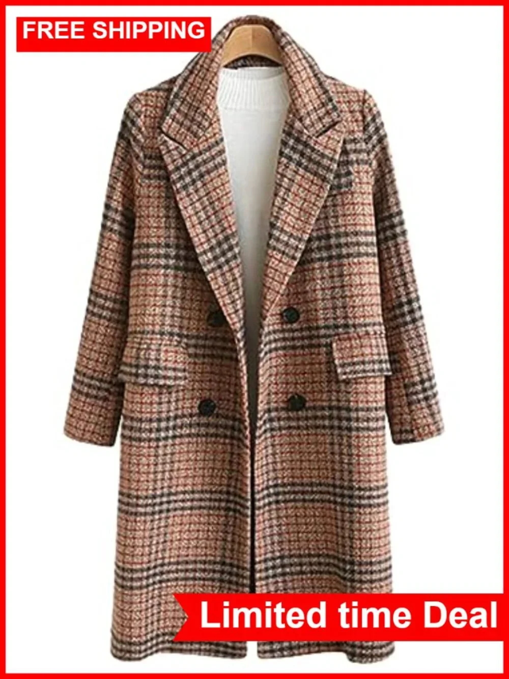 Wool Blend Long Trench Coat Double Breasted Notched Collar